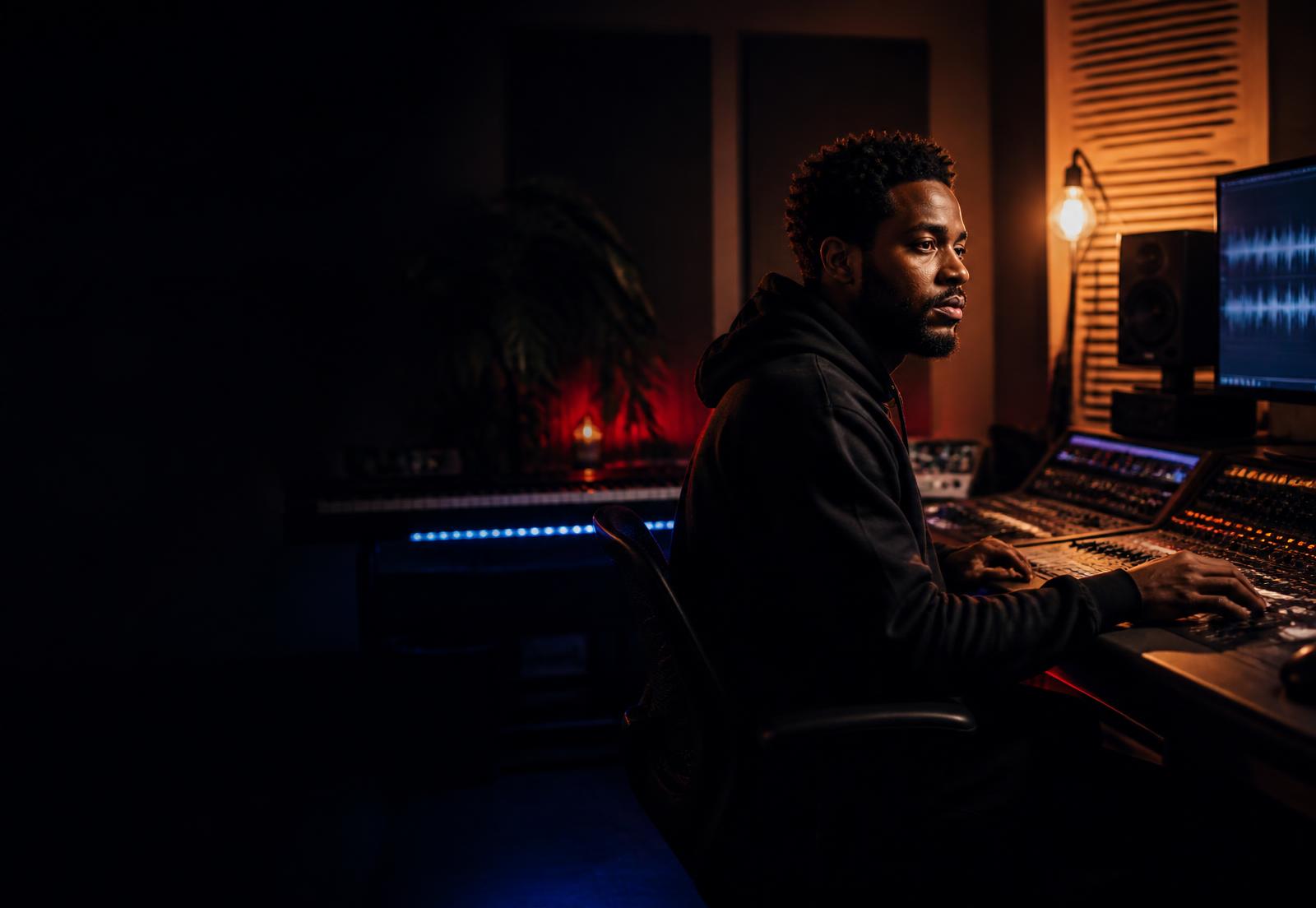 Music producer working at a studio mixing desk